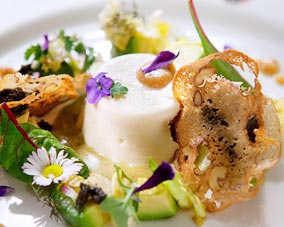 Tatar von Avocado und Limetten, Karfiolflan in Pfeffercrème mit Endiviensalat und Walnussöl
