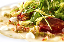Vorspeise (vegetarisch): Mariniertes Carpaccio vom Sellerie und roten Rüben an Kräutersalat