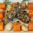 Wildfaschiertes (Wildhackfleisch) am Rosmarinspieß mit Kürbiskernkruste und herbstlichem Ofengemüse – ein aromatisches Geschmackserlebnis!